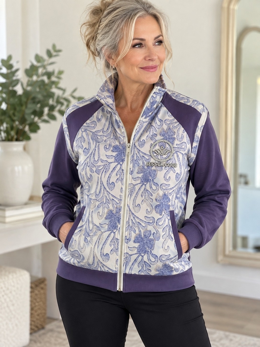 Jessica Coco Made in Italy Rhinestone Floral Print Jacket Purple Blue